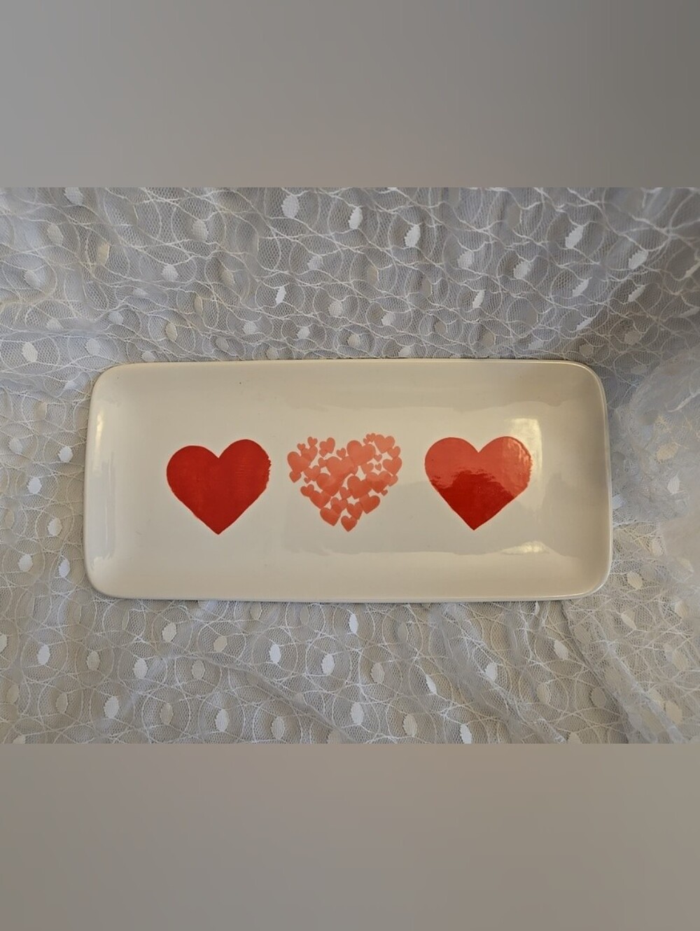 NWT AT HOME Heart Accent Ceramic Tray - White with Red / Pink Hearts